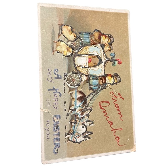 Vtg 1910 Anthropomorphic Chicks Soldiers Driving Bunny Rabbits Carriage Easter - Picture 2 of 9